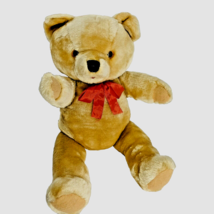 Teddy Bear 5 Jointed Padded Hands Feet Tan 17 inches Plush Red Bow 1980s Vintage - £11.52 GBP