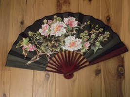 Black Japanese Art Print Silk Hand Folding Fan Fashion Decor Floral Flowers - $34.65