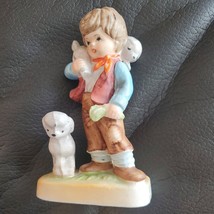 Lefton Vintage Brunette Boy Child With Lamb and Lamb On Shoulder Figurine 5.5&quot; - £22.40 GBP