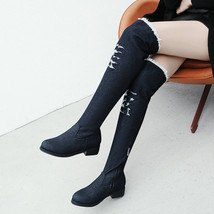 Women&#39;s Gorgeous Blue Denim Over The Knee Boots Flat Heel Thigh Boots Zipper Aut - £75.74 GBP