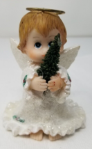Glitter Angel Figurine Christmas Tree Holding Halo Resin Vintage  - £11.87 GBP