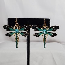 Dragonfly Earrings Enamel And Rhinestones Turquoise Black And Gold 1.75 Inches - £10.14 GBP