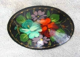 Elegant Hand-painted Signed Wooden Flowers Russian Brooch 1970s vintage - $14.20