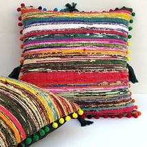 Traditional Jaipur Hand Woven Chindi Cushion Cover, Handmade Cotton Fabr... - £10.19 GBP