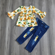 NEW Boutique Sunflower Shirt &amp; Denim Jeans Girls Outfit Set - £11.43 GBP+
