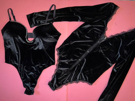 Victoria&#39;s Secret XL TEDDY LOT bodysuit one-piece velour BLACK crystallized - $188.09