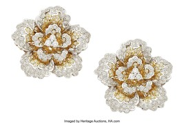 18k Two Gold Gold 3.24 Ct. Diamond Floral Ear Clips Gorgeous! - $5,940.00