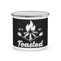 Personalized Enamel Camping Mug, Let&#39;s Get Toasted Black &amp; White Design - $20.60