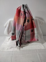 New, Talbots 60% Rayon/40% Cotton Blend Fringed Scarf Pink, Red, Gray w/Stars - £27.32 GBP