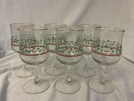 6 Arby&#39;s Libbey Holly Berry Christmas With Glasses Bow Stem 12 oz. - $26.96