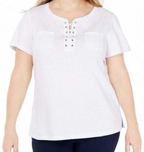 Karen Scott Womens Plus Lace up Short Sleeve T-Shirt color Bright White Size 3X - £18.19 GBP