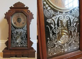 rare antique gingerbread clock ANSONIA mantel ALARM kitchen REVERSE PAINT - £124.91 GBP