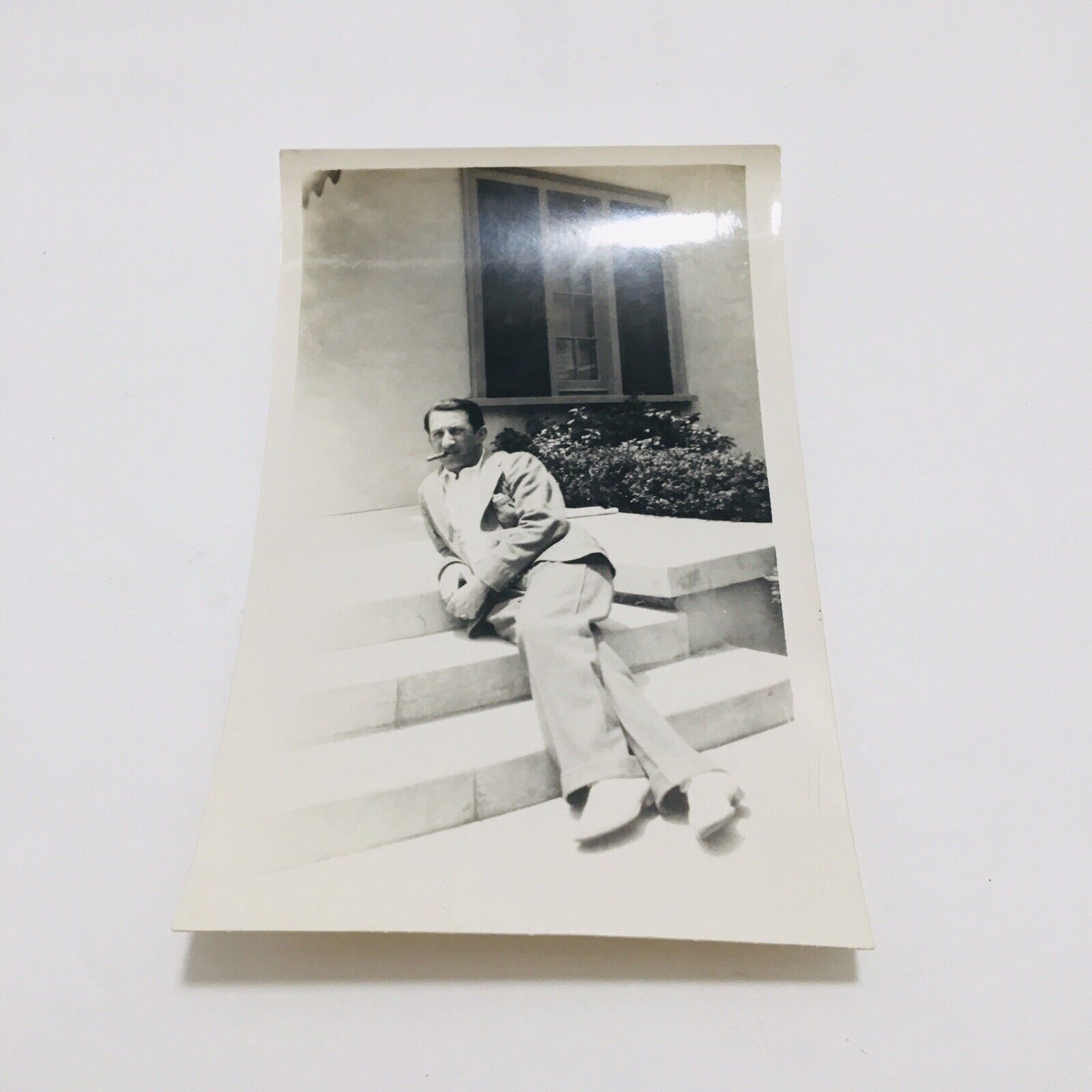 Vtg B&amp;W Snapshot Photograph Handsome Man Posing On Porch W/Cigar Well Dr... - $14.20
