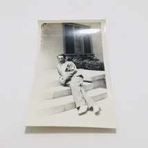 Vtg B&amp;W Snapshot Photograph Handsome Man Posing On Porch W/Cigar Well Dressed - £11.42 GBP
