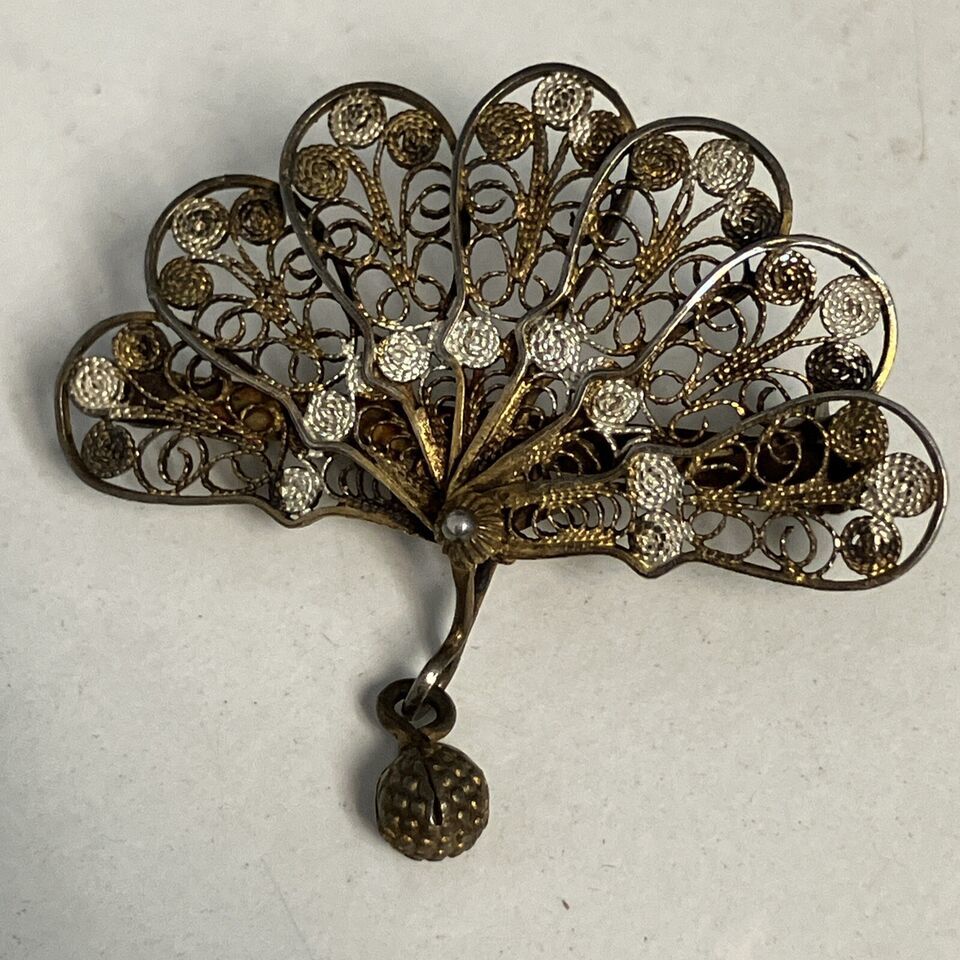 Vintage 800 Sterling Silver Filigree Brooch Pin Gold Wash - $14.80