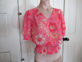 Joie blouse top X Small  pink white floral V neck smocked sleeve New - $28.37