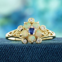 14K Gold Natural Blue Sapphire Opal and Diamond Vintage Style Floral Ring - £673.00 GBP