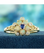 14K Gold Natural Blue Sapphire Opal and Diamond Vintage Style Floral Ring - $870.00
