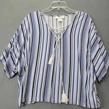Skye&#39;s The Limit Womens Shirt Size L Petite Blue White Stripe Tassel Tie V-Neck - £8.46 GBP