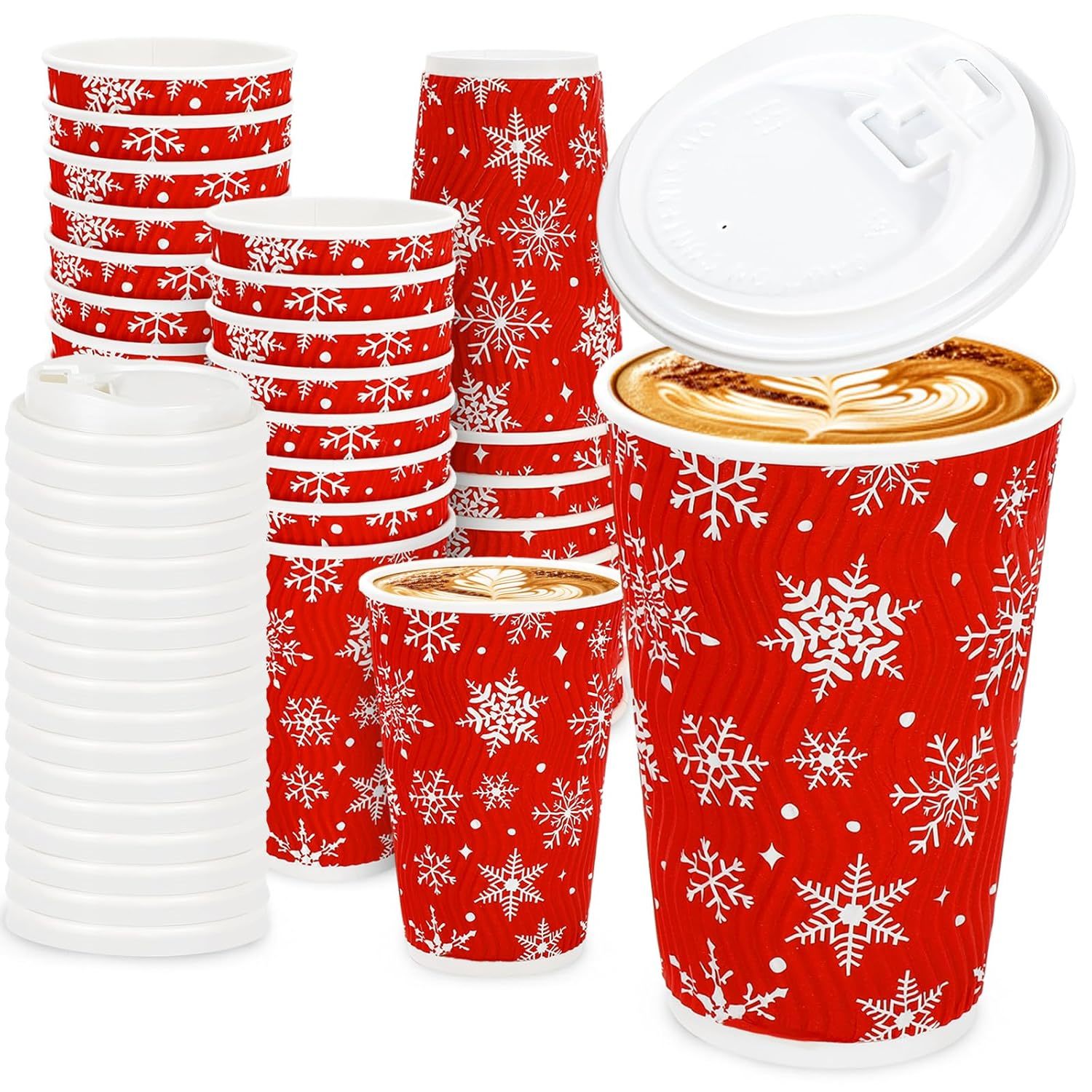 100Pcs Christmas Disposable Coffee Cups With Lids Red White Snowflake Paper Cups