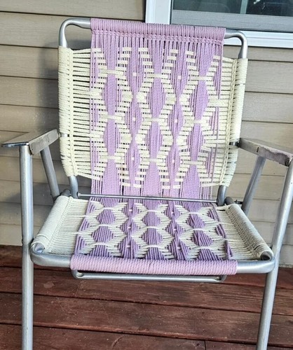Vintage Macrame Woven Yarn Folding Aluminum Lawn Chair Lavender Purple Boho - $39.55
