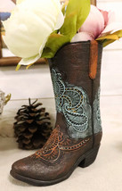 Petit Western Boho Chic Turquoise Lace Tooled Leather Cowboy Boot Vase Decor - £22.19 GBP