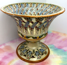 Italian Porcelain Pedestal Basket Compote Bowl Floral Lattice Old Paris Style - £44.38 GBP