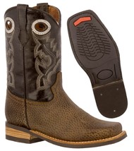 Kids Unisex Grain Leather Western Wear Boots Rustic Brown Square Toe Botas - £43.90 GBP