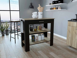 Light Oak and Black Kitchen Island with Drawer and Two Open Shelves - $5,387.23 MXN