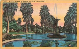 Linen Postcard CA G562 Park Scene in Beverly Hills Calif Fountain Palms 1944 - £4.46 GBP