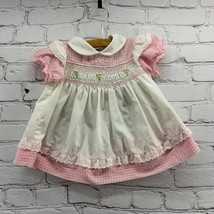 Vintage Baby Dress 18 Mos Pink Plaid Smocking Front Pinafore Flaw - £24.11 GBP
