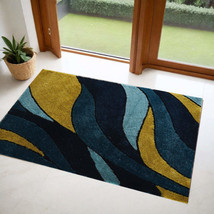 2&#39; X 3&#39; Blue and Yellow Shag Hand Tufted Area Rug - £58.77 GBP