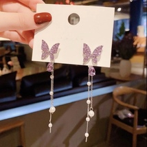 Purple Butterfly Tassel Pearl Dangle Drop Earrings for Women - £8.83 GBP