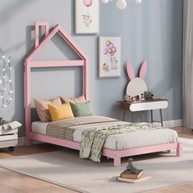 Twin Size Wood Platform Bed With House-Shaped Headboard - Pink - £150.73 GBP
