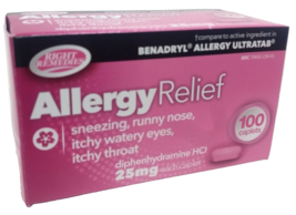 1 Bottle ALLERGY RELIEF DIPHENHYDRAMINE HCI 25MG Caplet, 100-ct In A Bottle - $8.90