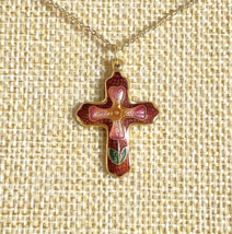 Cross Crucifix Enamel Cloisonné Pink Maroon, Green on Gold Tone GF Neckl... - £14.99 GBP