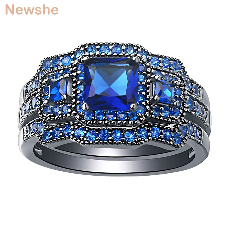 3 Pcs Black Wedding Ring Set For Women Engagement Rings Blue Princess Cut AAAAA  - £39.52 GBP