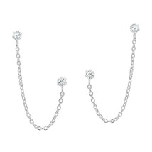 Trendy Double Round Cut of Cubic Zirconia Pierced Chain Sterling Silver Earrings - £9.37 GBP