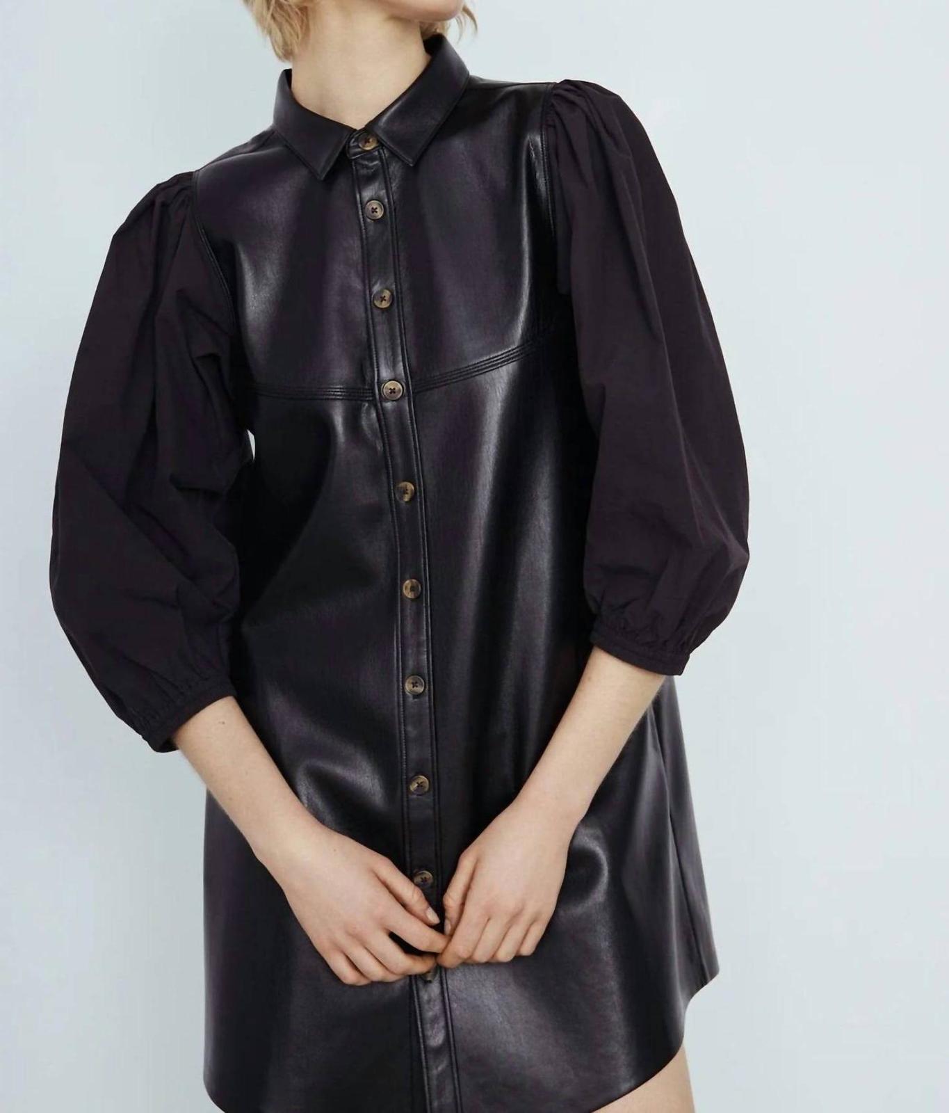 Melissa Nepton Faux Leather Button Front Dress With Poplin Puff Sleeves ... - $46.53