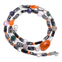 Natural Carnelian Snowflake Obsidian Gemstone Smooth Beads Necklace 17&quot; UB-4702 - £7.89 GBP