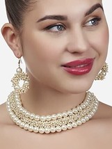 Gold Tone Multistrand Cluster Pearls Choker Necklace Kundan Earring Jewelry Set - £23.17 GBP