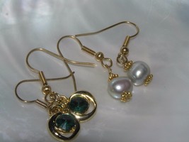 Estate Lot of 2 Small &amp; Simple Green Rhinestone Paste Faux Pearl Goldtone Dangle - $8.59