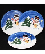 Stoneware Christmas Snowman Blue Dinner Plates 11&quot;  Lot of 3  Xmas - $16.07 CAD