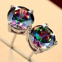 Created 2Ct Round Mystic Fire Topaz Solitaire Stud Earrings in 14K Gold Over-925 - £22.95 GBP