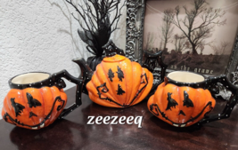 3PC Halloween Blue Sky Clayworks Pumpkin TEAPOT &amp; 2 COFFEE MUG Decor NEW - £67.25 GBP