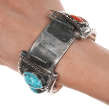 7 1/8&quot; Large Vintage Navajo silver, turquoise and coral watch cuff bracelet - £353.60 GBP