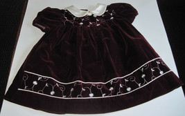 Rose Cottage Dark Burgundy SS Velveteen Dress Cream Satin Collar Embroidery 24 m - £10.87 GBP