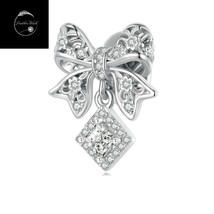 Genuine Sterling Silver 925 Crystal Bow Bead Stopper Charm For Bracelets Sister - £17.15 GBP