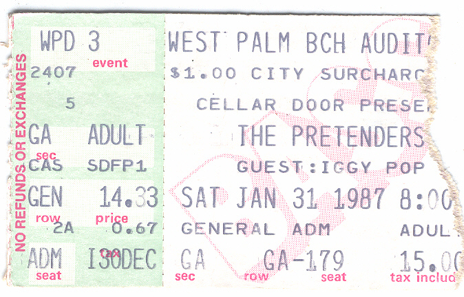 PRETENDERS IGGY POP Vintage 1987 Ticket Stub West Palm Beach Aud Cellar ... - $9.77