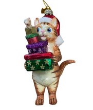 Noble Gems Ornament Orange Tabby Cat in Santa Hat Present Stack w Mouse  - $29.21